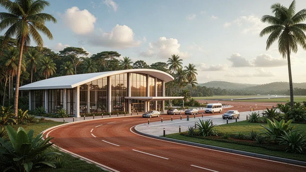 Modernes Glas-Terminal und palmengesäumte Vorfahrtspur am Flughafen Oyo Ollombo in der Republik Kongo in warmem goldenem Licht
