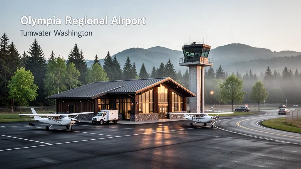 Avión ligero en la plataforma junto a la terminal de madera y cristal del Aeropuerto Regional de Olympia en Tumwater, Washington, al amanecer