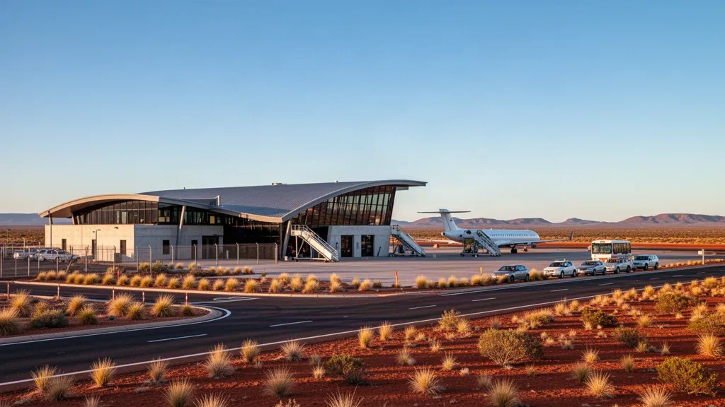 Terminal moderno e piazzale dell'aeroporto di Olympic Dam nell'entroterra dell'Australia Meridionale durante l'ora d'oro, con paesaggio desertico rosso e cielo aperto