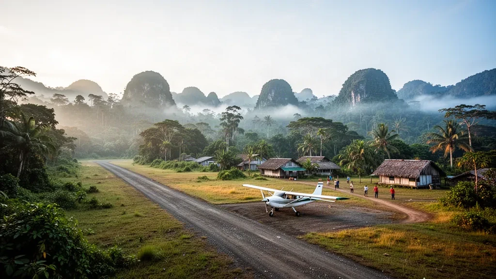 Abgelegene Graspiste des Flughafens Olsobip im Regenwald von Papua-Neuguinea mit einem kleinen Buschflugzeug und nebligen Bergrücken
