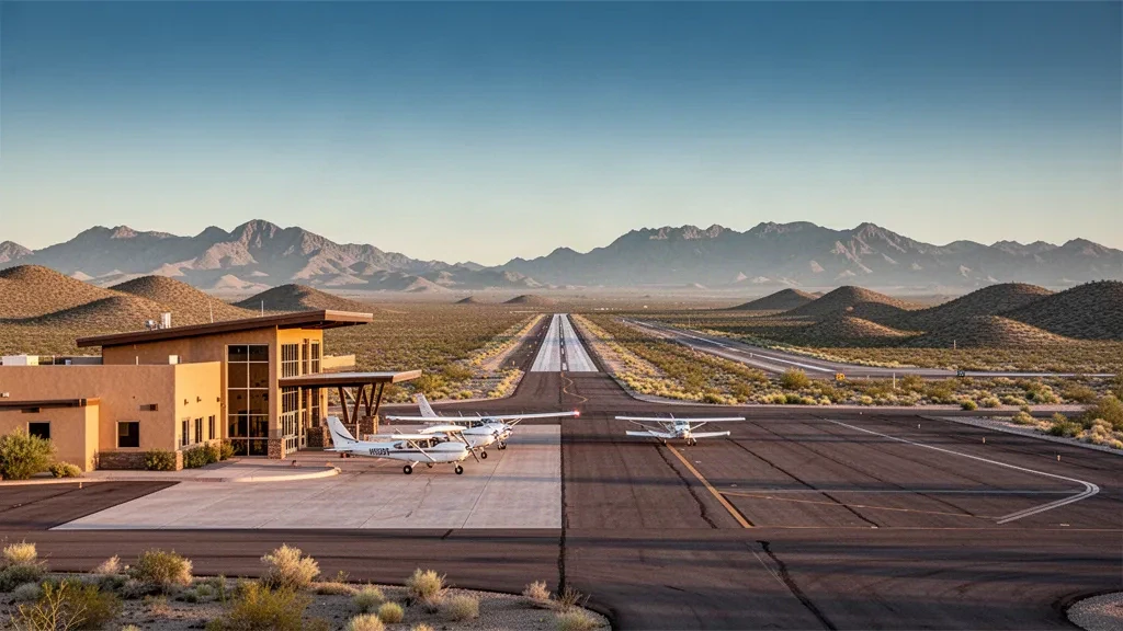 Arizona'daki Nogales Uluslararası Havalimanı'nda sıcak altın saati ışığı altında çöl genel havacılık terminal apronu ve pisti