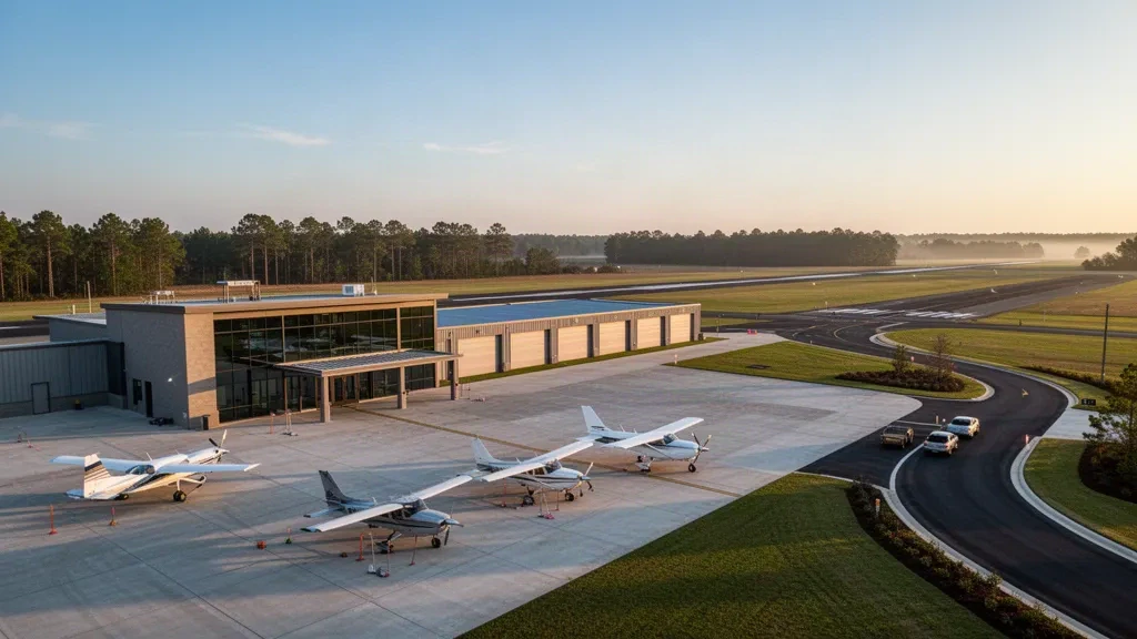 Hangars der allgemeinen Luftfahrt und Leichtflugzeuge auf dem Vorfeld des Flughafens Olive Branch in Mississippi während der goldenen Stunde