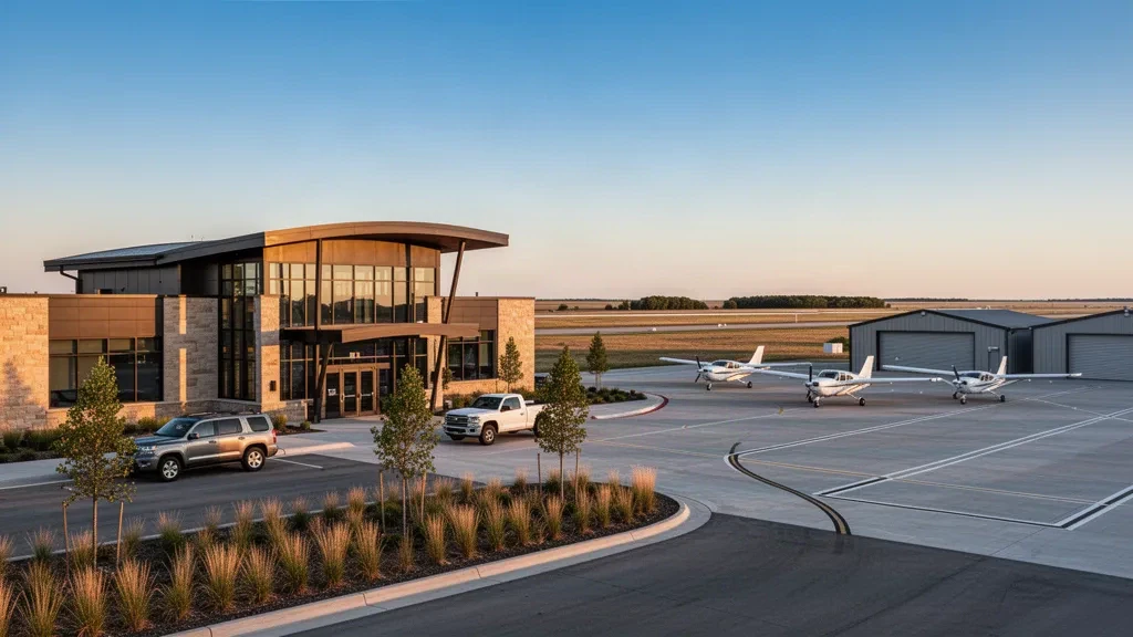 Nebraska'daki Columbus Municipal Airport'ta modern cam terminal, uçak park alanı ve altın saat ışığı