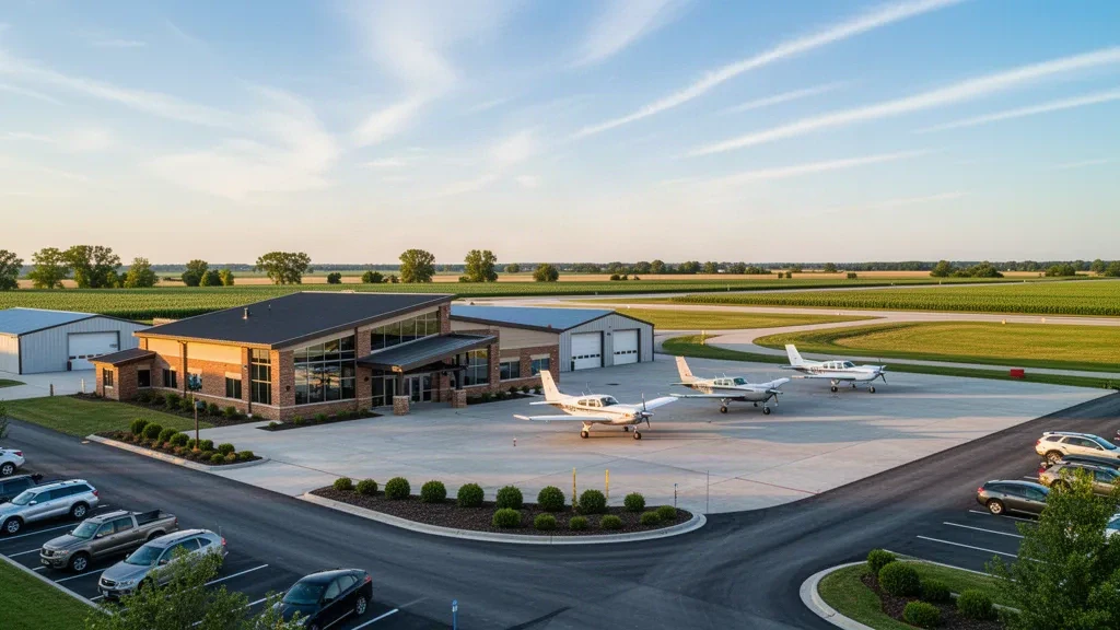 Small general aviation terminal and apron at Olney-Noble Airport in Illinois with parked light aircraft in golden-hour light