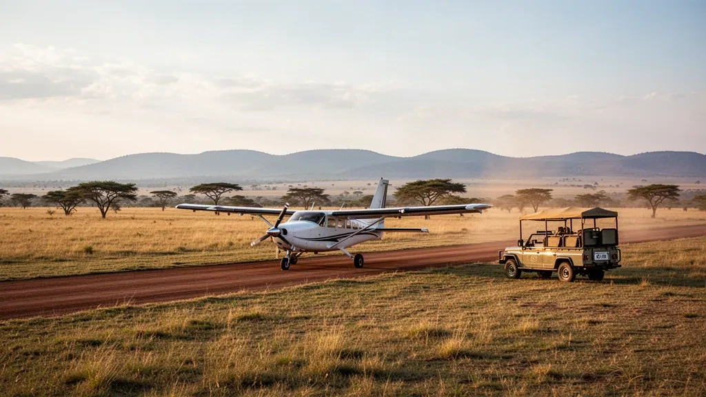 Safari-Flugzeug auf der staubigen Olkiombo-Piste in der Masai Mara zur goldenen Stunde, mit Savannengrasland und wartenden Safari-Fahrzeugen