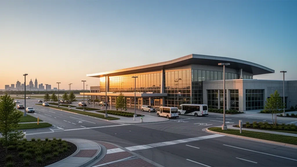 Extérieur moderne du terminal en verre à Eppley Airfield à Omaha avec voies de dépose et les gratte-ciel du centre-ville à l'heure dorée