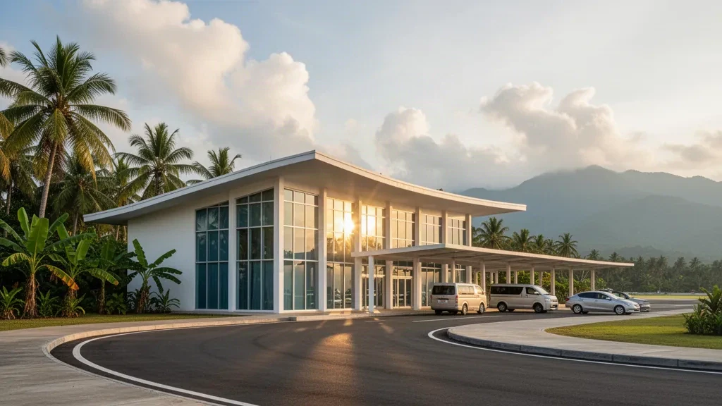 Modern tropical terminal and drop-off lane at Ormoc Airport in Leyte, Philippines, framed by palm trees and distant mountains at golden hour
