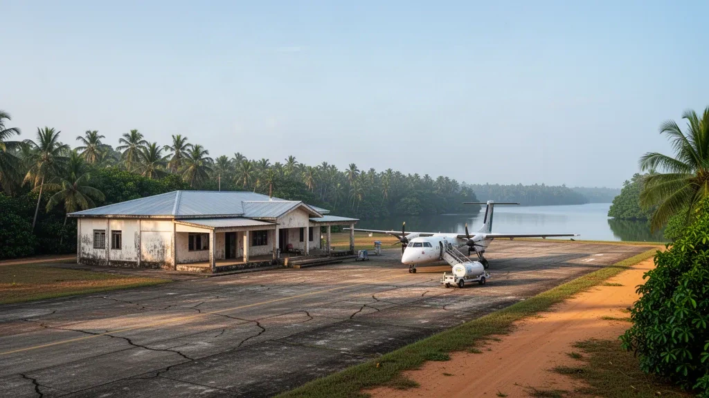 Petit terminal d'aéroport côtier et tarmac à Omboué au Gabon, encadrés de palmiers tropicaux et de l'eau de la lagune sous un ciel matinal doux et humide.