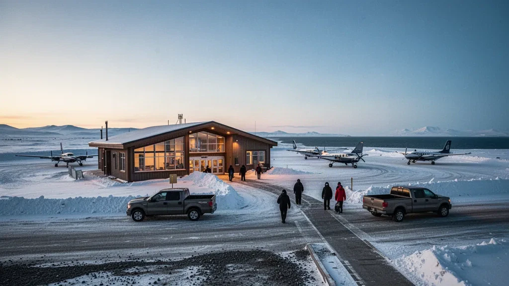 Petit terminal régional à l'aéroport de Nome en Alaska, avec une toundra enneigée, une aire de trafic déneigée et des avions de ligne régionaux stationnés à l'heure dorée.