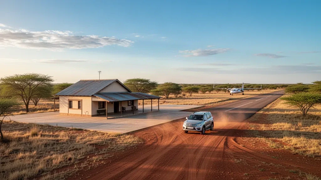 Abgelegenes Buschflugplatz-Terminalgebäude, Vorfeld und einzelne Start- und Landebahn, die den Omega Airport in der Region Kavango East in Namibia zur goldenen Stunde bedienen