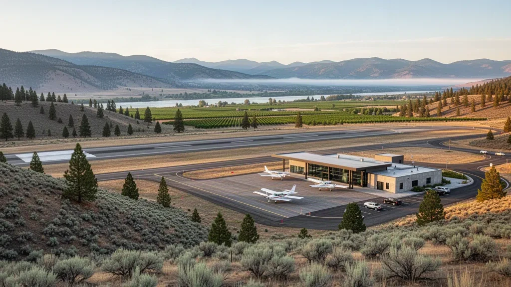 Omak Airport in Washington seen from above with its single runway, apron, light aircraft and dry Okanogan Valley hills at golden hour
