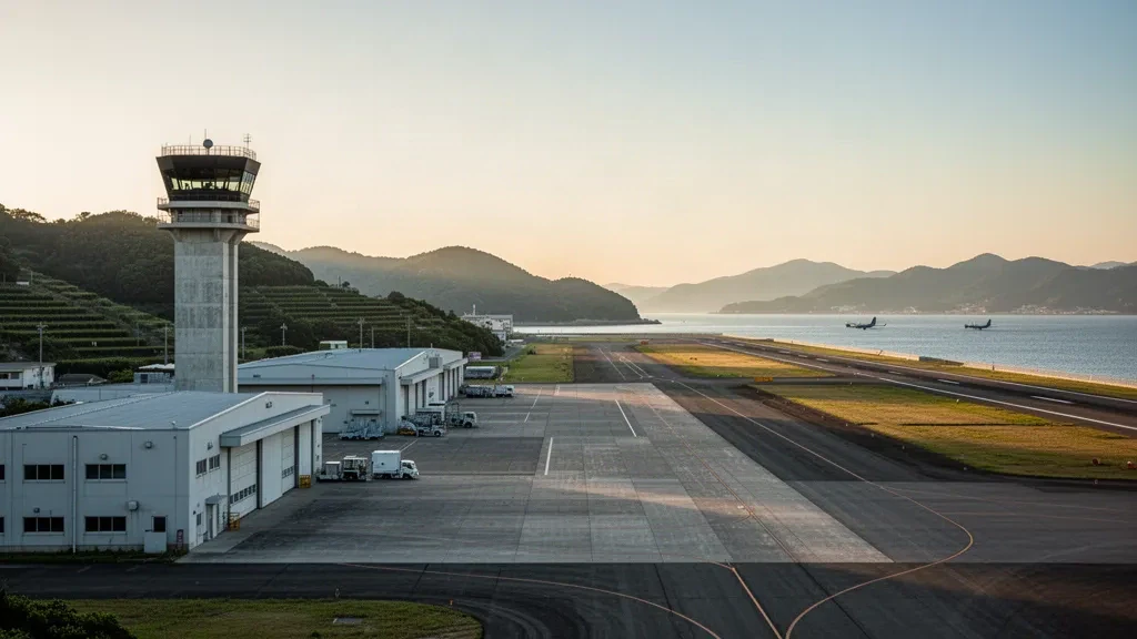 Campo di aviazione costiero e torre di controllo presso la base aerea JMSDF Omura a Nagasaki, in Giappone, illuminati dalla calda luce dell'ora d'oro