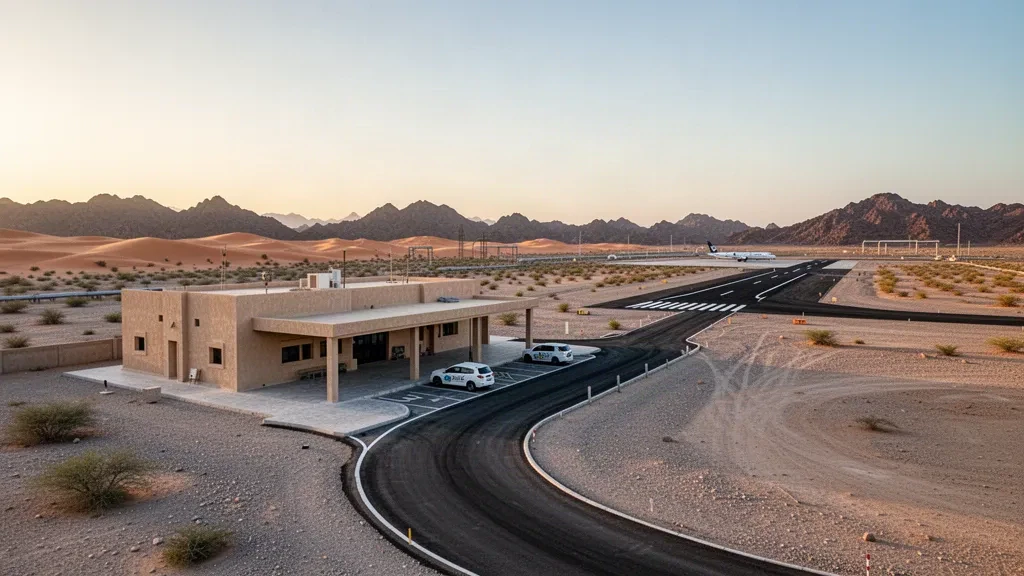 Pequeña terminal en el desierto y pista de asfalto en el aeropuerto de Marmul, en Omán, rodeados de dunas áridas bajo una cálida luz dorada.