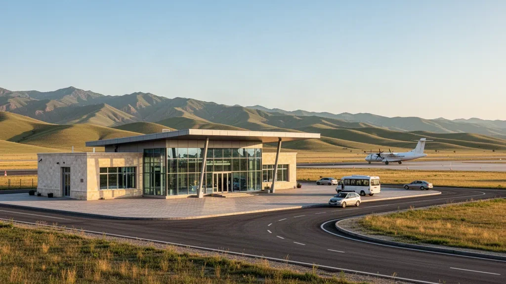 Modern low-rise terminal and access road at Zaamin Airport in Uzbekistan, framed by Turkestan mountain foothills in warm afternoon light