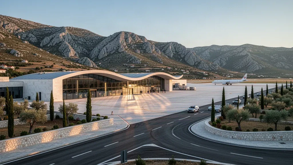 Terminal moderna de cristal del Aeropuerto Internacional de Mostar en Herzegovina con un avión en la plataforma y montañas kársticas a la hora dorada.