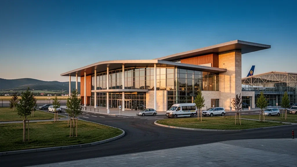 Terminal moderno con facciata in vetro e corsie di sosta per la riconsegna dei passeggeri all'Aeroporto Internazionale di Oradea in Romania, illuminate dalla calda luce dorata del tramonto