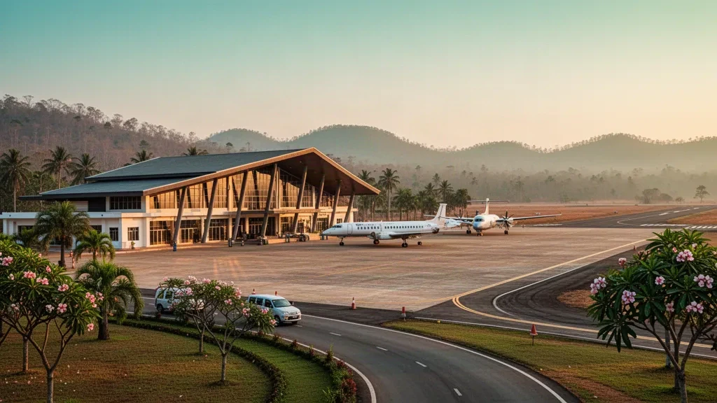 Flaches Terminal, Vorfeld und Start- und Landebahn am Flughafen Preah Vihear im Norden Kambodschas, umrahmt von tropischem Grün im Licht der goldenen Stunde