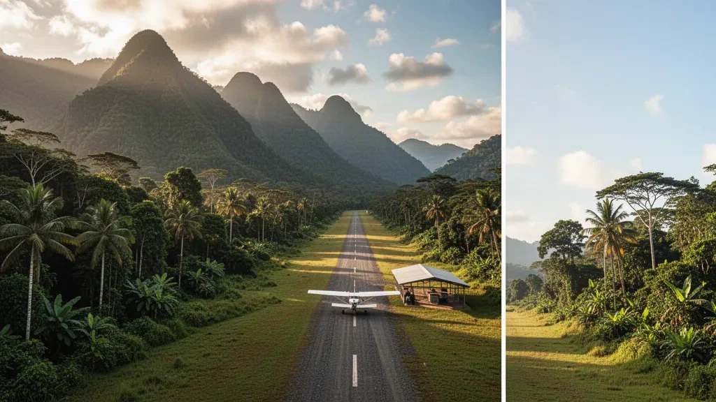 Remote Ononge Airport airstrip in Papua New Guinea surrounded by lush green mountains under soft tropical light.