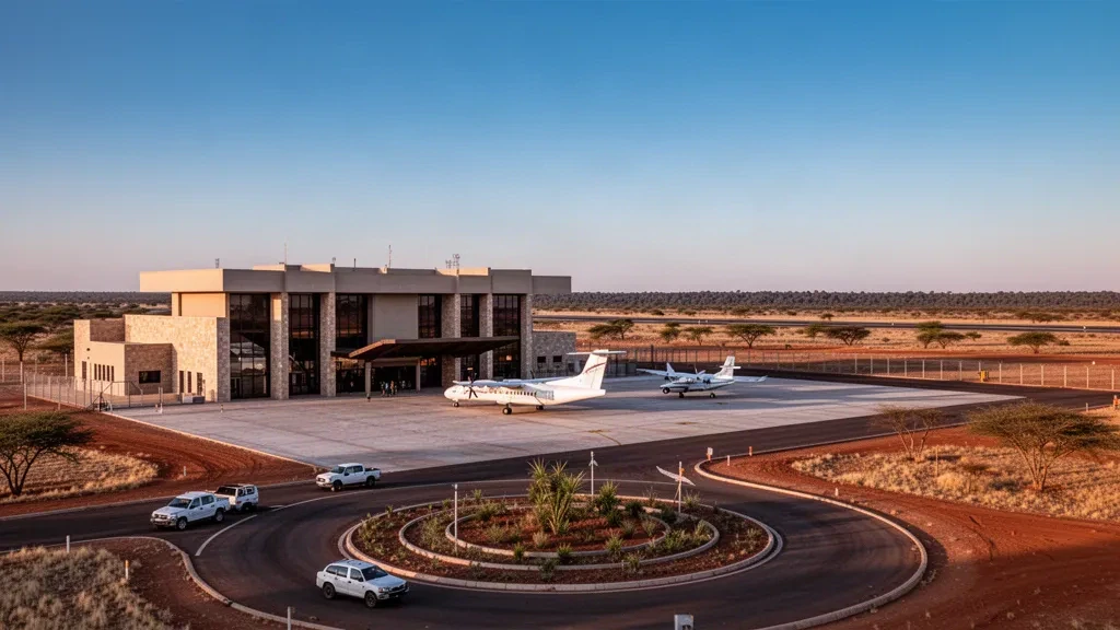 Kuzey Namibya'daki Ondangwa Havalimanı'nda alçak katlı terminal binası ve park alanı, açık bir ikindi göğü altında bölgesel bir uçak.