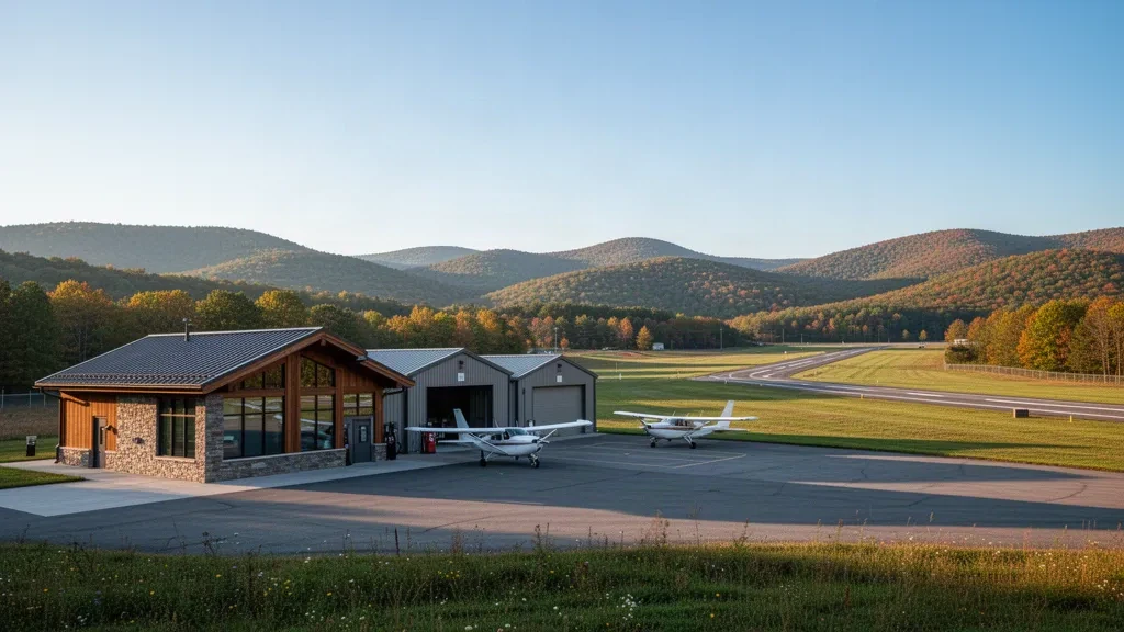 Albert S. Nader Regional Airport apron with light aircraft, hangars and a single runway against upstate New York hills at golden hour