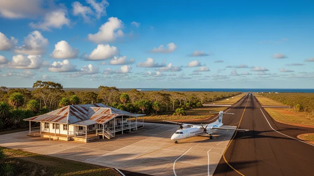 Abgelegenes Inselflughafenterminal und Vorfeld in Gununa, Mornington Island in Queensland, mit einem regionalen Turboprop-Flugzeug unter tropischem Himmel