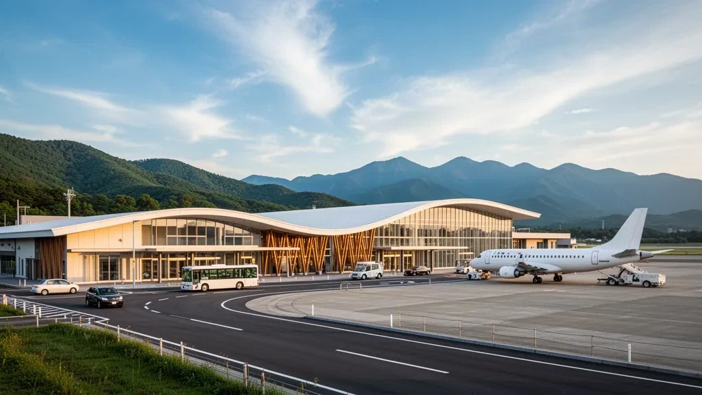 Moderne Terminalfassade am Flughafen Odate-Noshiro in Akita, Japan, mit einem Regionaljet auf dem Vorfeld und grünen Bergen bei sanftem Tageslicht.