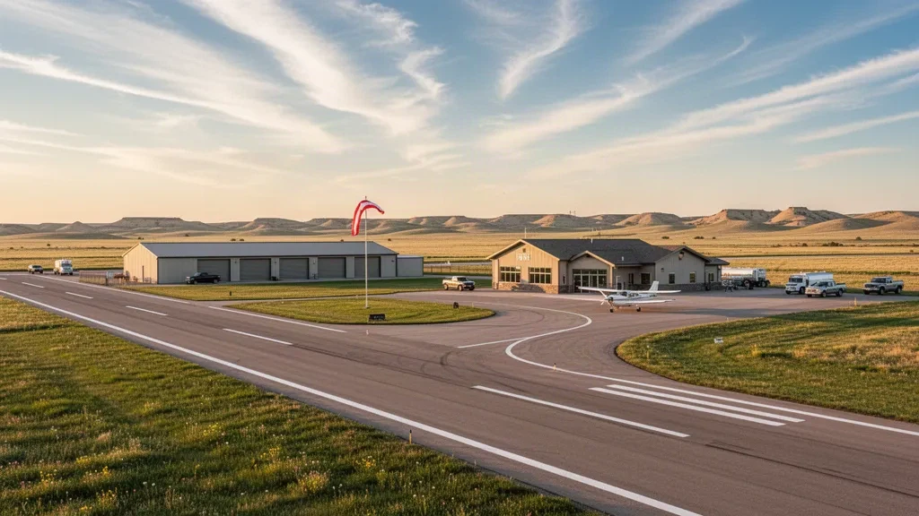 Blick zur goldenen Stunde auf die Start- und Landebahn, Hangars und das kleine Terminal am O'Neill Municipal Airport im ländlichen Nebraska