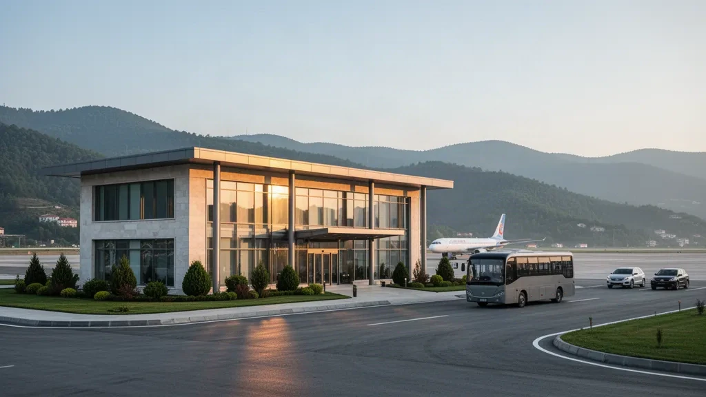 Extérieur d'un terminal moderne et voies de dépose à l'aéroport de Zonguldak Çaycuma, encadrés par des collines verdoyantes dans une douce lumière dorée