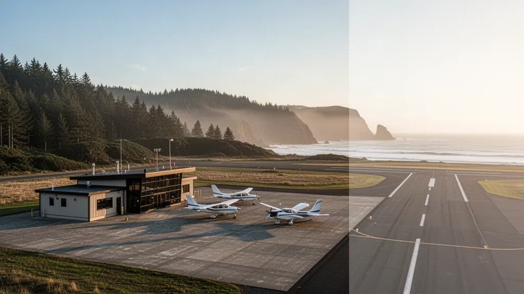 Terminal et tarmac d'un aéroport côtier de l'Oregon avec des aéronefs d'aviation générale, des collines couvertes de conifères et l'océan Pacifique au-delà