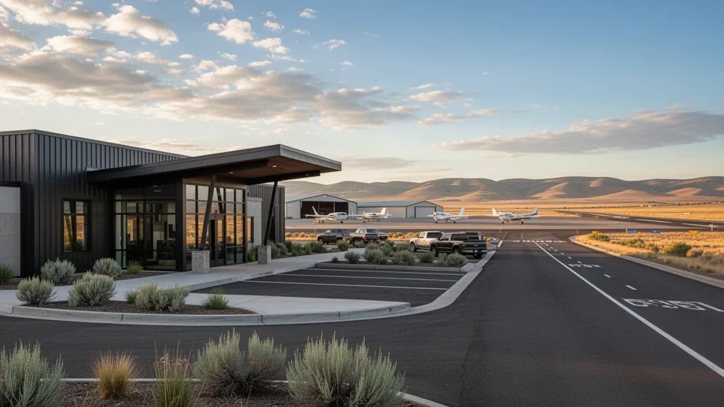 Extérieur d'un terminal moderne à l'aéroport municipal d'Ontario en Oregon, avec une voie de dépose et un ciel dégagé de haute altitude désertique.