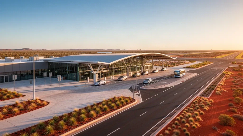 Modern glass terminal and kerbside drop-off lane at Onslow Airport in the Pilbara, Western Australia, under a clear golden-hour sky.