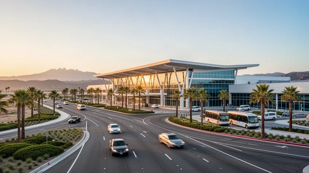 Golden-hour view of Ontario International Airport's modern glass terminal, curved access road and palm-lined drop-off lanes in Southern California