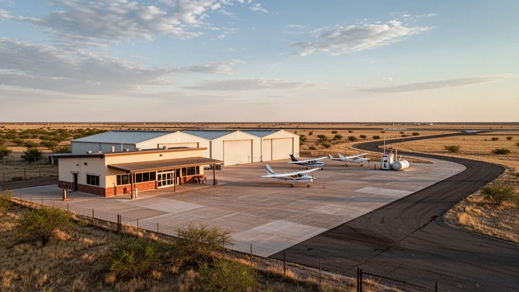 Petits hangars et aéronefs légers sur l'aire de trafic de l'aéroport municipal d'Olney sous un vaste ciel de l'ouest du Texas