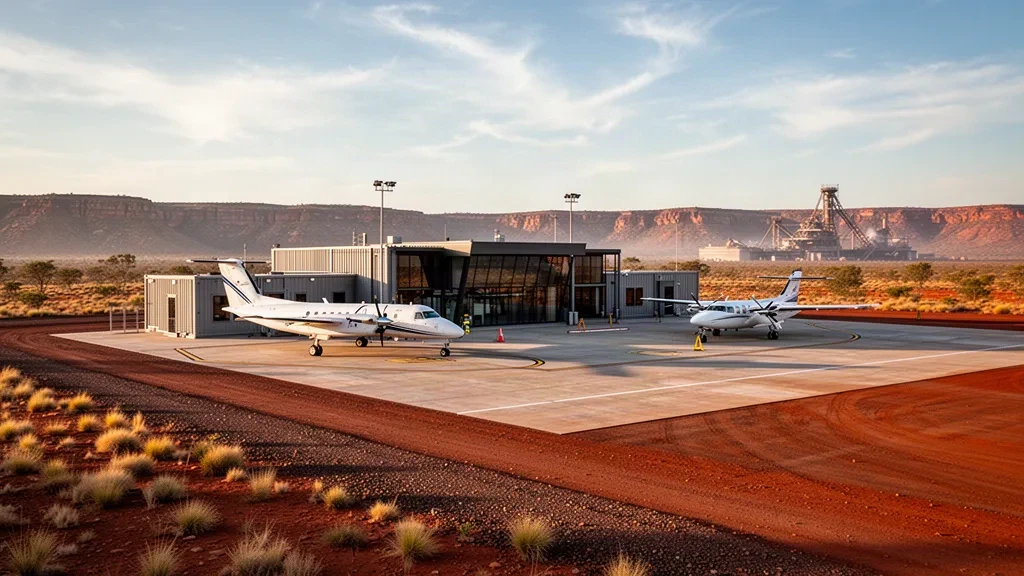Vorfeld des Koodaideri Mine Airport in der Pilbara mit einem geparkten Charterjet, rotem Boden und Licht zur goldenen Stunde