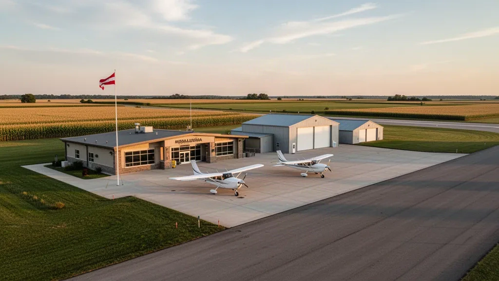 Vue à l'heure dorée de l'aéroport municipal d'Oskaloosa dans l'Iowa, avec un petit terminal, des hangars, des aéronefs stationnés et des terres agricoles au-delà de la piste.
