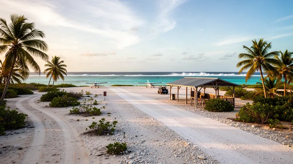 Coral runway and open-air terminal shelter at Onotoa Airport in Kiribati, framed by coconut palms and turquoise lagoon water