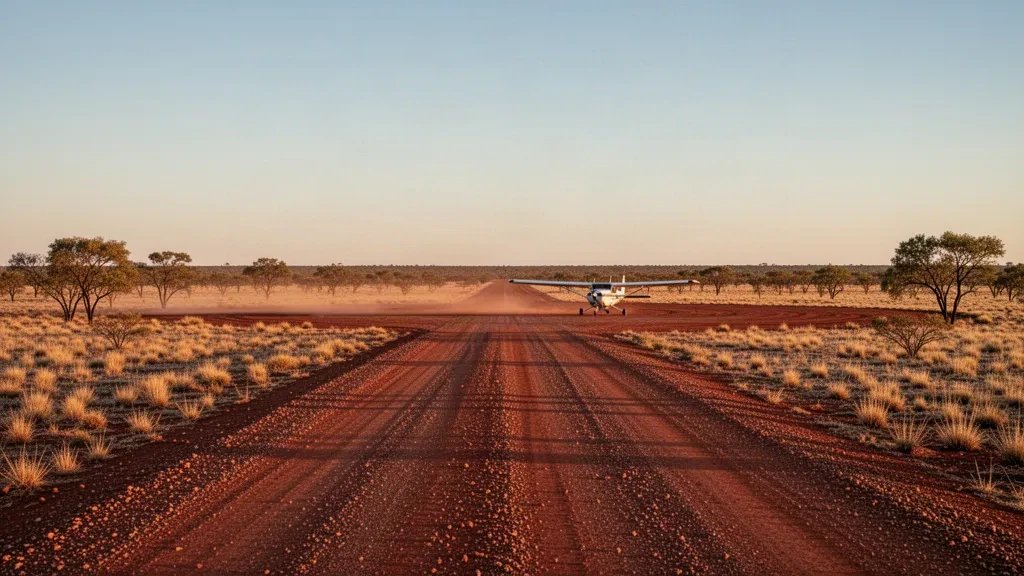 Pista de aterrizaje remota en el interior en el Aeropuerto de Mooraberree, en Channel Country de Queensland, durante la hora dorada, con una pista de tierra roja y llanuras secas