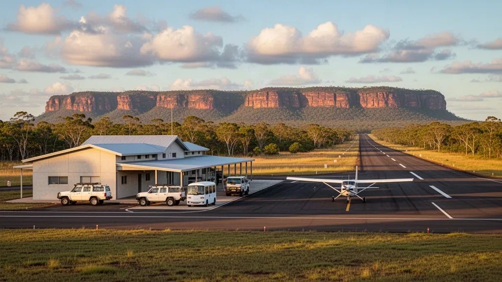 Kleines regionales Landebahnterminal, Vorfeld und Leichtflugzeuge am Flughafen Oenpelli nahe Gunbalanya im Arnhemland, Nordaustralien