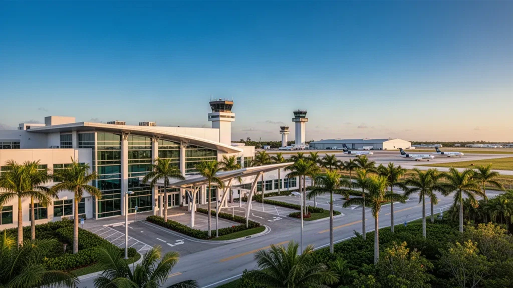 Terminal moderna de vidrio y carriles de descenso bordeados de palmeras en el Aeropuerto Ejecutivo Miami-Opa Locka bajo la luz dorada del sol de Florida.