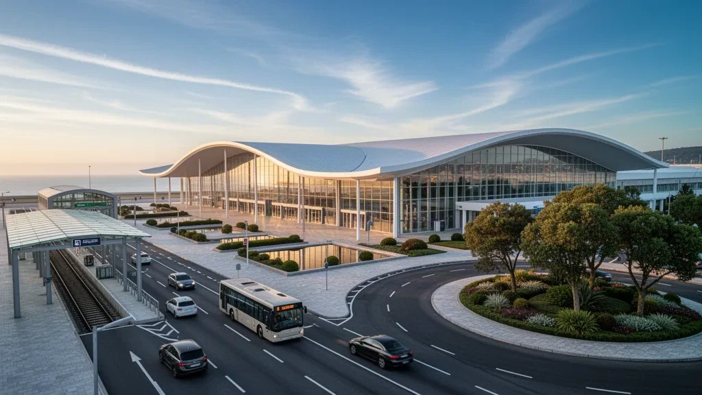 Exterior moderno de terminal de cristal y carriles de descenso en el aeropuerto Francisco de Sá Carneiro en Oporto, Portugal, iluminados con luz de hora dorada