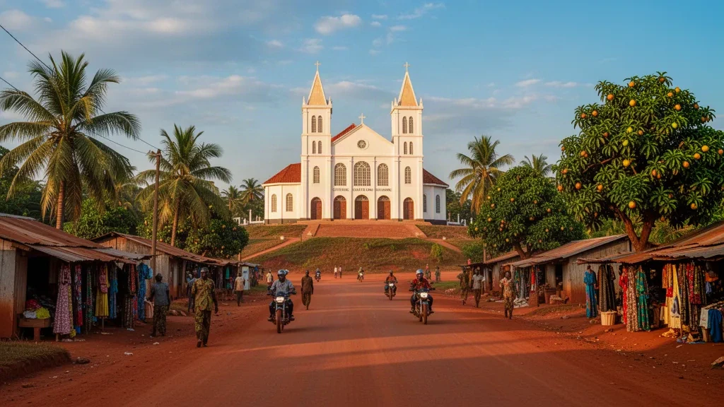 Vista cálida de una tarde de la catedral de Berbérati y calles de tierra roja en Mambéré-Kadéï, República Centroafricana.