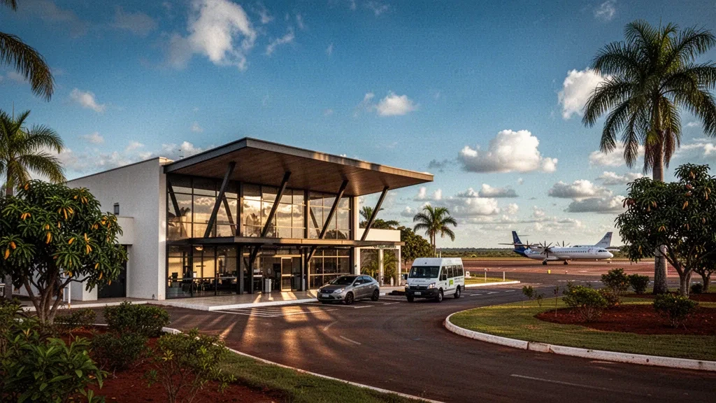 Modern terminal and drop-off lane at Sinop Airport in Mato Grosso, Brazil, surrounded by tropical greenery in golden afternoon light