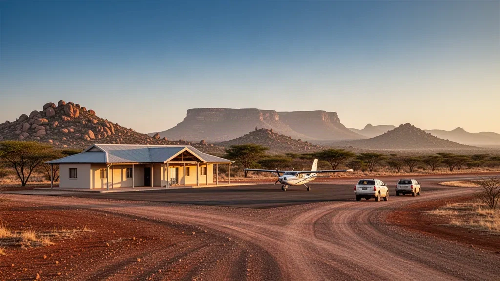 Small regional airport terminal and parked light aircraft on the apron amid dry hills in Opuwo, Namibia's Kunene Region, at golden hour