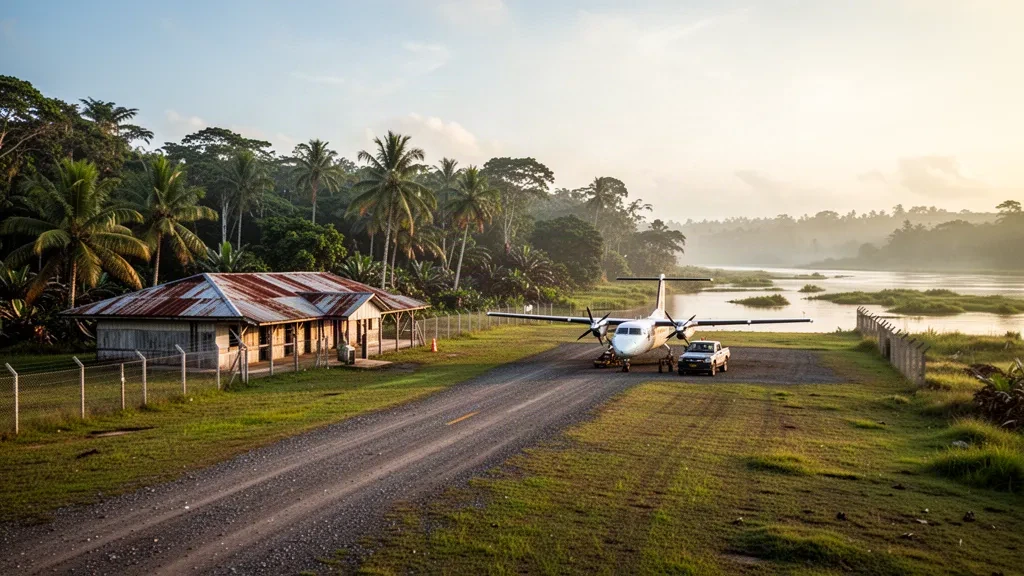 Aereo biturbina su pista di ghiaia all'aeroporto di Balimo in Papua Nuova Guinea, circondato dalla foresta pluviale tropicale nella luce dorata del pomeriggio
