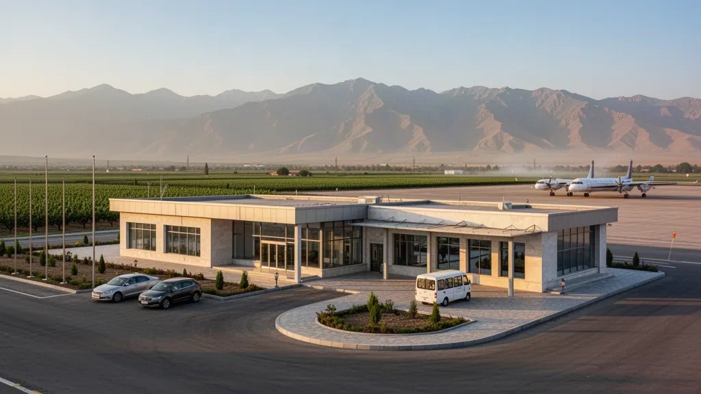 Kokand Airport terminal, drop-off lane and apron in Uzbekistan's Fergana Valley with distant mountains at golden hour