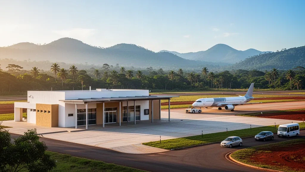 Terminal moderna de una sola planta y plataforma tranquila en el Aeropuerto de Orán, en Salta, Argentina, rodeada de frondosas colinas subtropicales durante la hora dorada