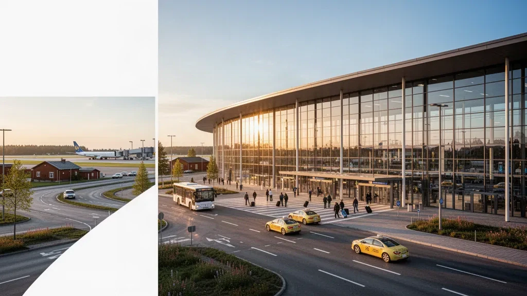 Extérieur d'un terminal moderne à l'aéroport d'Örebro en Suède, avec façade vitrée, zone de dépose et voie de circulation sous la lumière dorée du soir.
