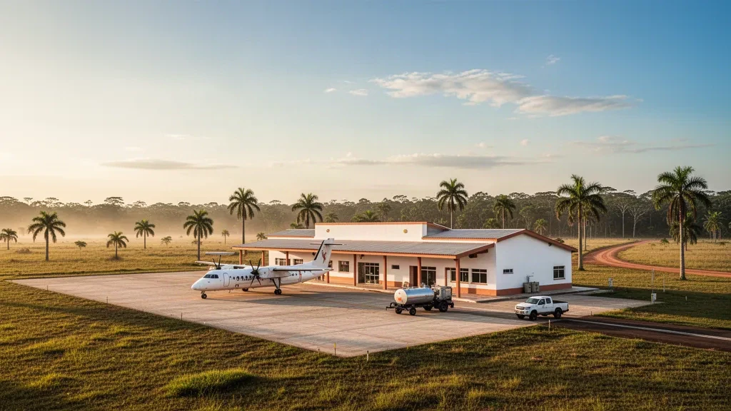 Low-slung regional terminal and apron at Orocué Airport in Casanare, Colombia, with a small turboprop under a golden tropical savanna sky
