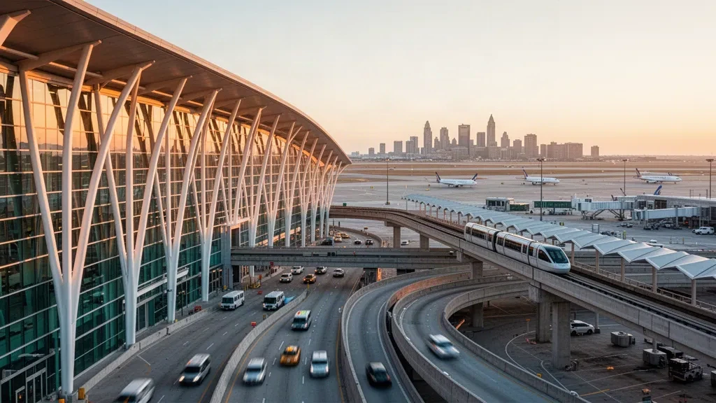 Moderno terminal in vetro curvo e strade sopraelevate all'aeroporto Chicago O'Hare International che brillano durante l'ora d'oro