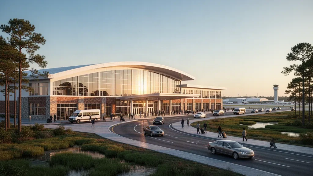 Exterior de terminal moderna de cristal y carriles de bajada en la acera del Aeropuerto Internacional de Norfolk con luz cálida de hora dorada
